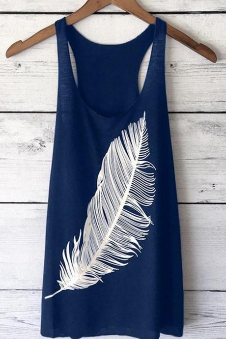  Women Tank Top Feather Printed Summer Casual Loose O-Neck Sleeveless T Shirt navy blue