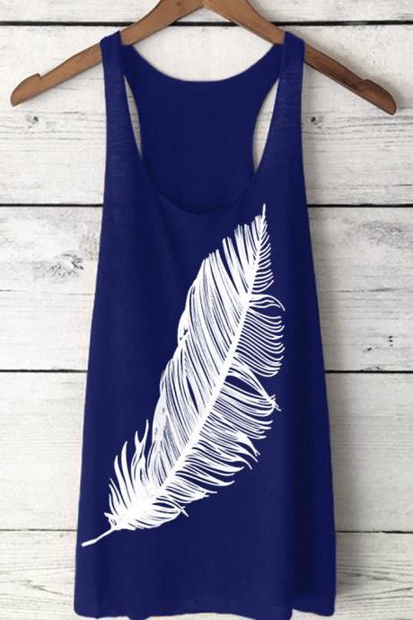 Women Tank Top Feather Printed Summer Casual Loose O-neck Sleeveless T Shirt Royal Blue
