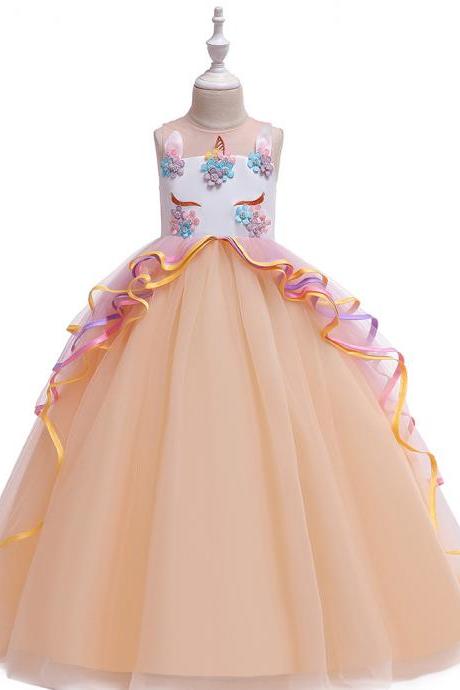 Unicorn Flower Girl Dress Rainbow Teens Long Birthday Formal Tutu Party Gown Children Kids Clothes champagne