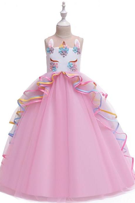  Unicorn Flower Girl Dress Rainbow Teens Long Birthday Formal Tutu Party Gown Children Kids Clothes pink
