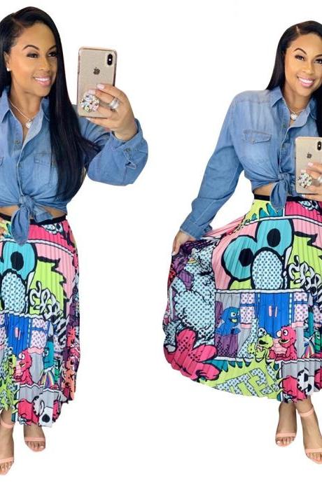 Women Pleated Skirt High Waist Vintage Cartoon Printed Mid-Calf Casual Midi Skirt 2#