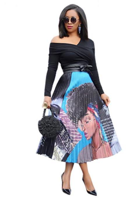 Women Pleated Skirt High Waist Vintage Cartoon Printed Mid-Calf Casual Midi Skirt 4#