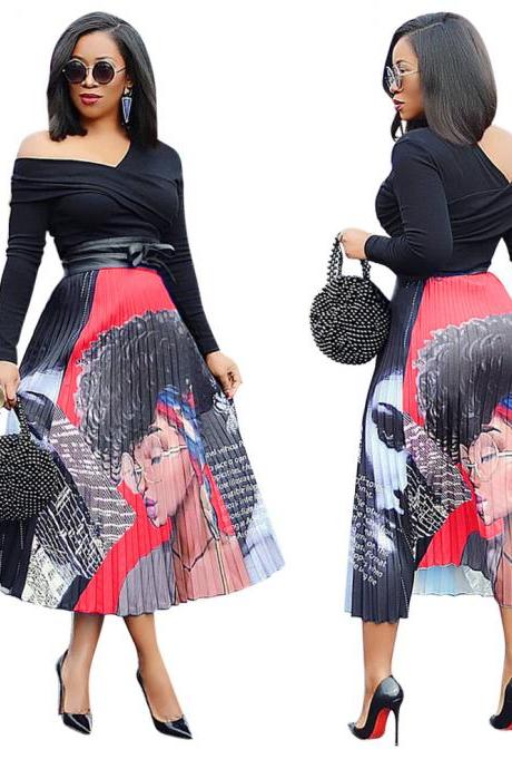 Women Pleated Skirt High Waist Vintage Cartoon Printed Mid-Calf Casual Midi Skirt 6#