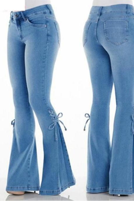 Women Flare Jeans Bandage Mid Waist Casual Streetwear Skinny Long Denim Pants dark blue