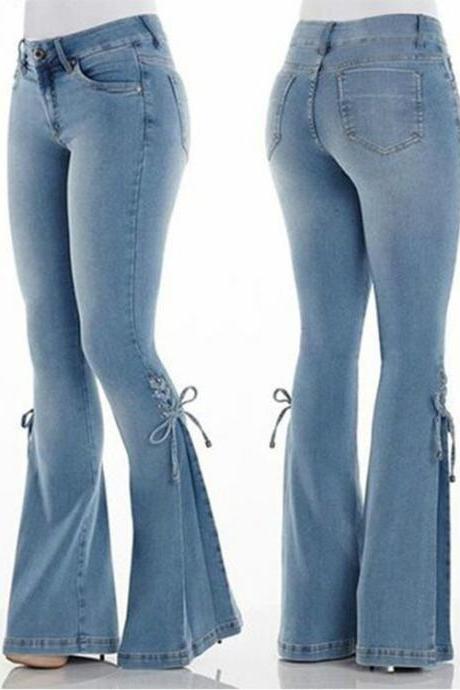 Women Flare Jeans Bandage Mid Waist Casual Streetwear Skinny Long Denim Pants light blue