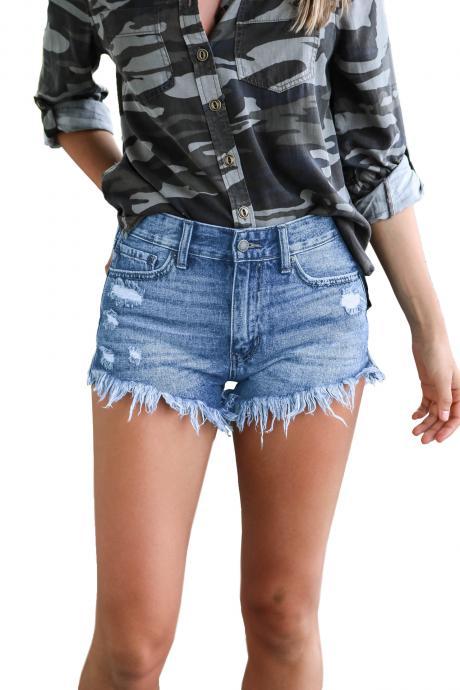  Women Denim Shorts Casual Summer Mid Waist Ripped Tassel Pockets Jean Shorts 666-light blue