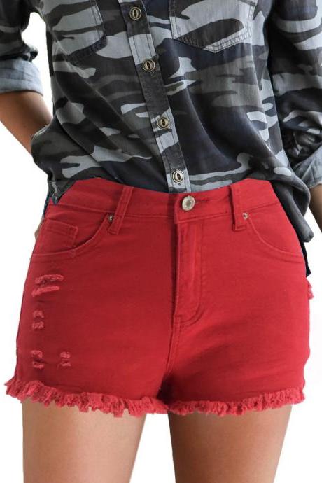  Women Denim Shorts Casual Summer Mid Waist Ripped Tassel Pockets Jean Shorts 669-red