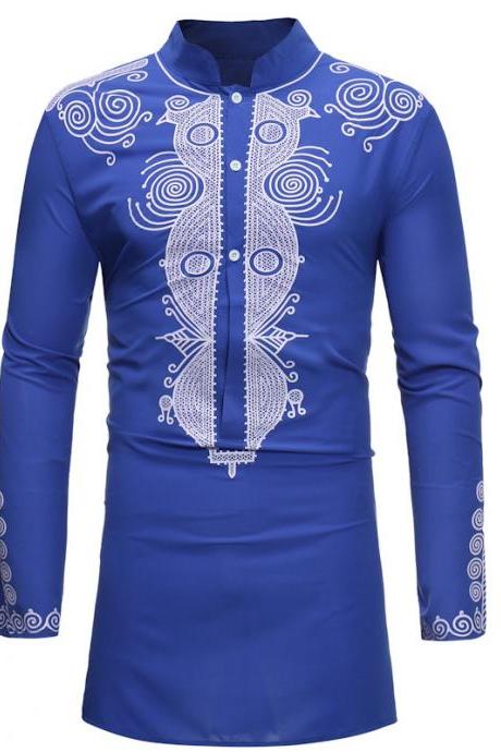  Men African Dashiki Printed Shirt Stand Collar Button Long Sleeve Casual Slim Shirt blue