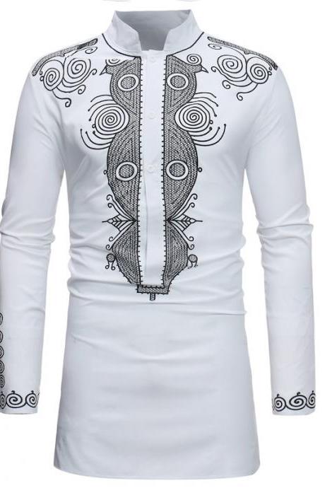 Men African Dashiki Printed Shirt Stand Collar Button Long Sleeve Casual Slim Shirt white