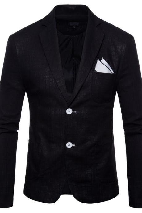  Men Blazer Coat Two Buttons Cotton Linen Long Sleeve Plus Size Slim Fit Suit Jacket black
