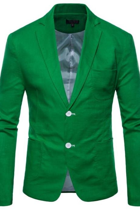 Men Blazer Coat Two Buttons Cotton Linen Long Sleeve Plus Size Slim Fit Suit Jacket Green