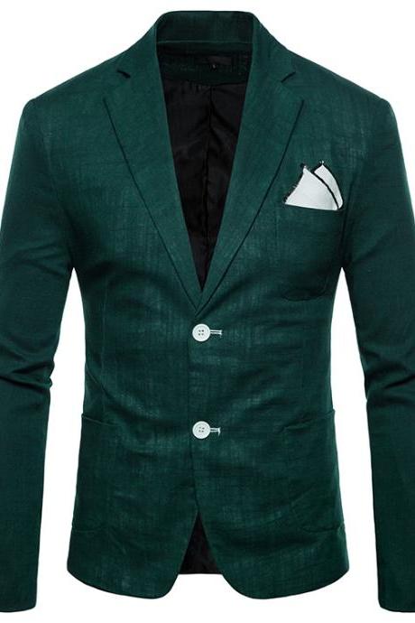 Men Blazer Coat Two Buttons Cotton Linen Long Sleeve Plus Size Slim Fit Suit Jacket Hunter Green