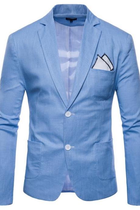 Men Blazer Coat Two Buttons Cotton Linen Long Sleeve Plus Size Slim Fit Suit Jacket Light Blue