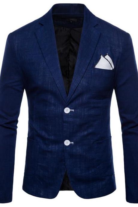 Men Blazer Coat Two Buttons Cotton Linen Long Sleeve Plus Size Slim Fit Suit Jacket navy blue