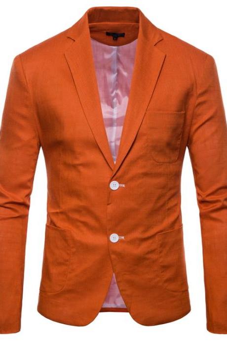 Men Blazer Coat Two Buttons Cotton Linen Long Sleeve Plus Size Slim Fit Suit Jacket Orange