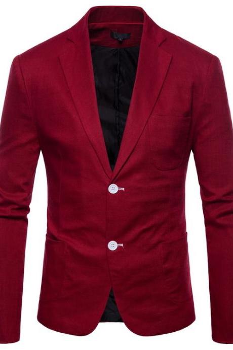 Men Blazer Coat Two Buttons Cotton Linen Long Sleeve Plus Size Slim Fit Suit Jacket Wine Red