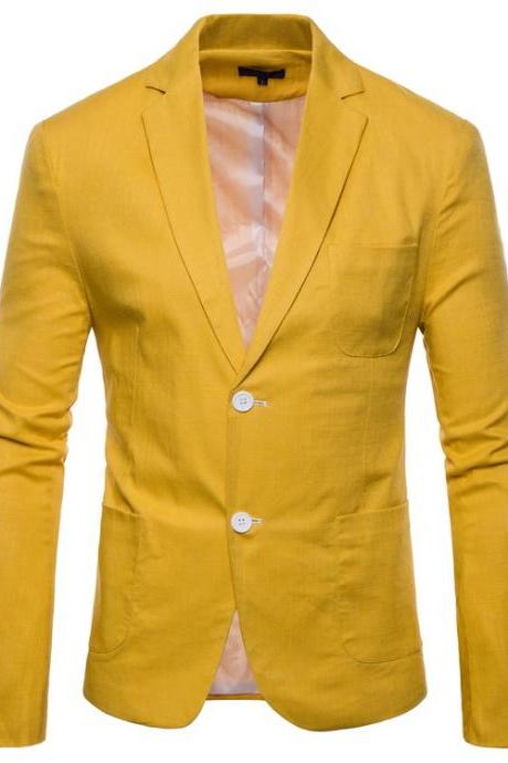 Men Blazer Coat Two Buttons Cotton Linen Long Sleeve Plus Size Slim Fit Suit Jacket Yellow