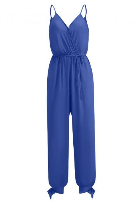  Women Jumpsuit V Neck Spaghetti Strap Sleeveless Casual Summer Long Pants Rompers blue 