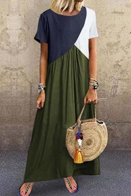  Women Maxi Dress Contrast Color Patchwork Short Sleeve Causal Plus Size Loose Long Dress green