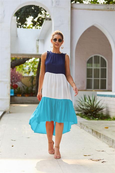 Women Asymmetrical Dress Sleeveless Patchwork Casual Loose Summer Long Dress blue