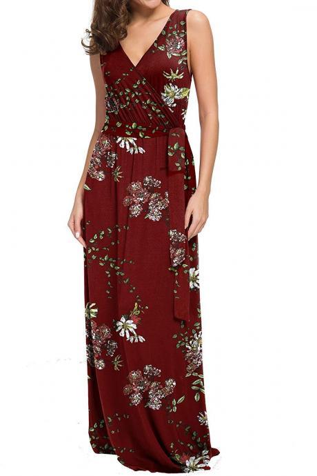 Women Floral Printed Maxi Dress V Neck Sleeveless Summer Beach Boho Casual Long Party Dress 2#