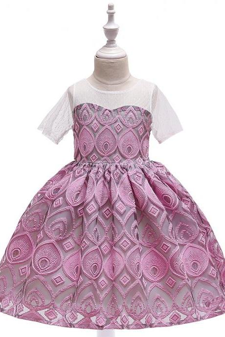  Lace Flower Girl Dress Short Sleeve Formal Party Birthday Tutu Gown Kids Children Clothes blush