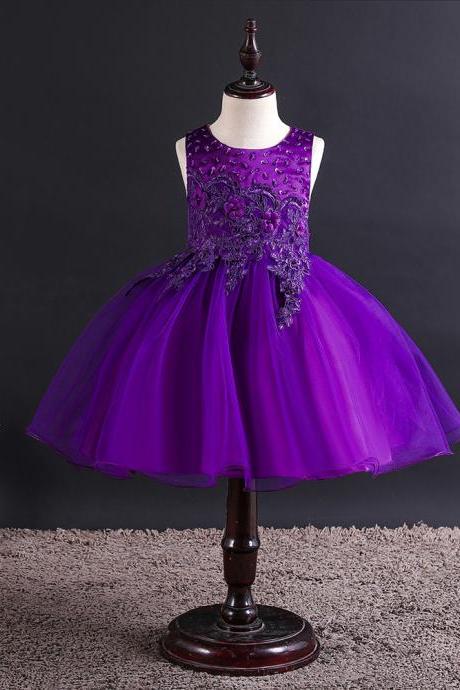  Lace Flower Girl Dress Princess Wedding Birthday Formal Tutu Party Gown Children Kids Clothes purple