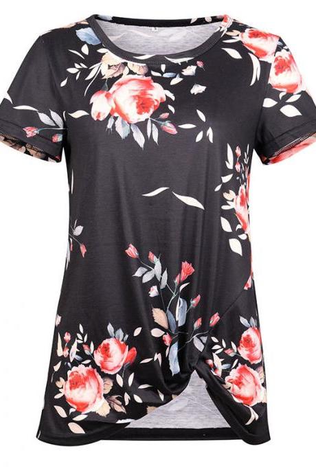 Women Short Sleeve T Shirt O Neck Summer Tie Asymmetrical Casual Loose Tee Tops black floral