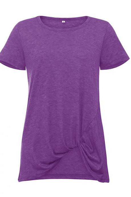 Women Short Sleeve T Shirt O Neck Summer Tie Asymmetrical Casual Loose Tee Tops Purple