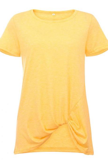 Women Short Sleeve T Shirt O Neck Summer Tie Asymmetrical Casual Loose Tee Tops yellow