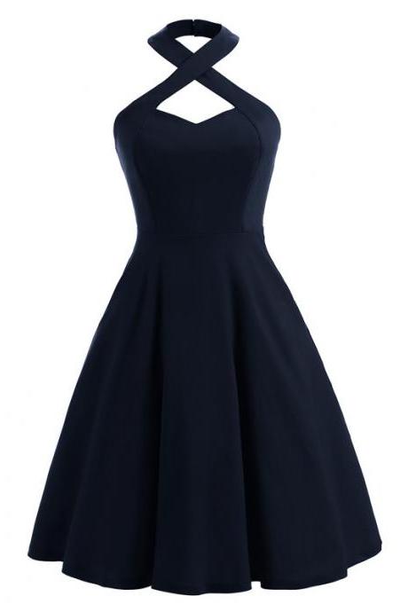 Sexy Halter 50 60s Casual Dress Criss-cross Vintage Women Evening Party Dress Navy Blue