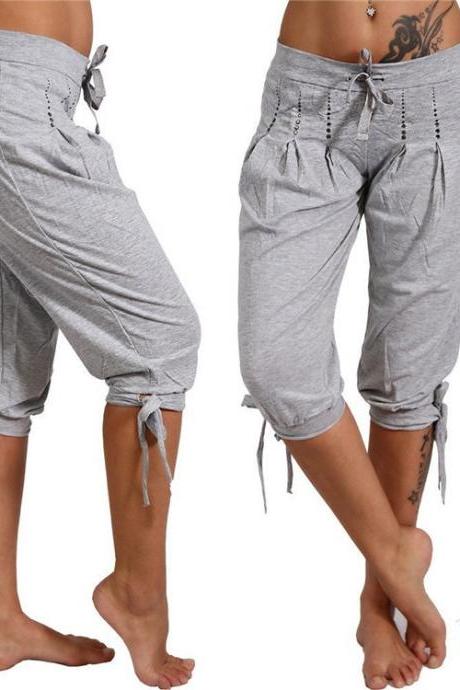  Women Cropped Pants Summer Sequined Bandage Mid Waist Plus Size Casual Trousers gray