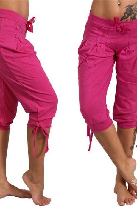 Women Cropped Pants Summer Sequined Bandage Mid Waist Plus Size Casual Trousers hot pink 