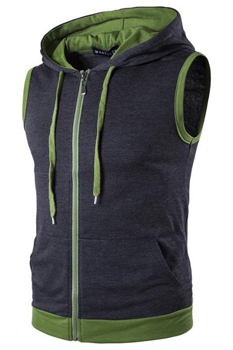 Men Waistcoat Patchwork Contrast Color Casual Vest Slim Hooded Sleeveless Coat Dark Gray