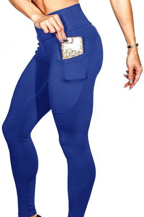  Women Yoga Pants High Waist Side Pocket Capri Sport Leggings Slim Skinny Fitness Gym Trousers blue