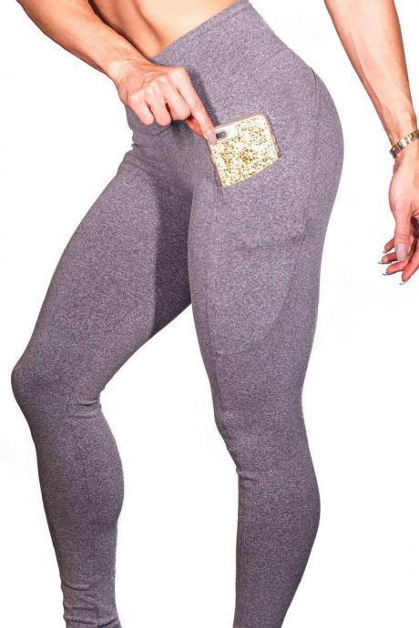 Women Yoga Pants High Waist Side Pocket Capri Sport Leggings Slim Skinny Fitness Gym Trousers khaki gray