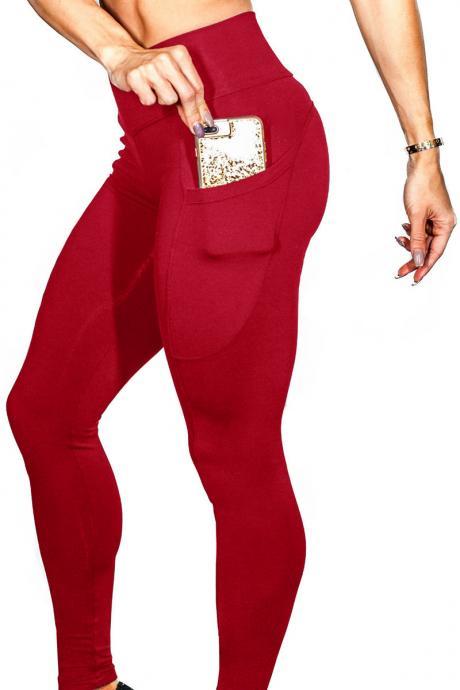 Women Yoga Pants High Waist Side Pocket Capri Sport Leggings Slim Skinny Fitness Gym Trousers red