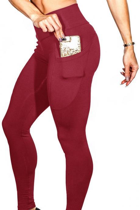 Women Yoga Pants High Waist Side Pocket Capri Sport Leggings Slim Skinny Fitness Gym Trousers wine red