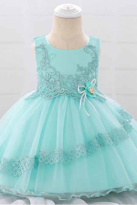  Applique Lace Flower Girl Dress Princess Tutu Newborn Wedding Birthday Party Baptism Gown Baby Kids Clothes aqua