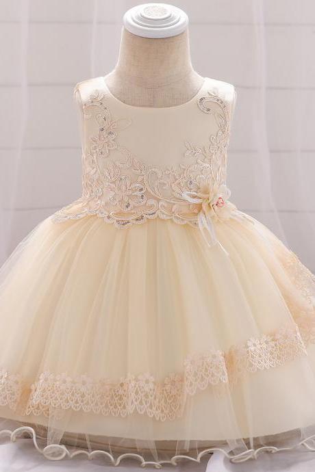  Applique Lace Flower Girl Dress Princess Tutu Newborn Wedding Birthday Party Baptism Gown Baby Kids Clothes champagne
