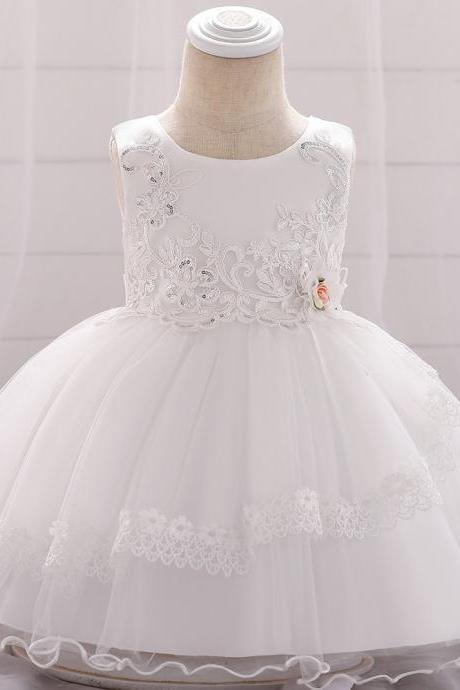  Applique Lace Flower Girl Dress Princess Tutu Newborn Wedding Birthday Party Baptism Gown Baby Kids Clothes white