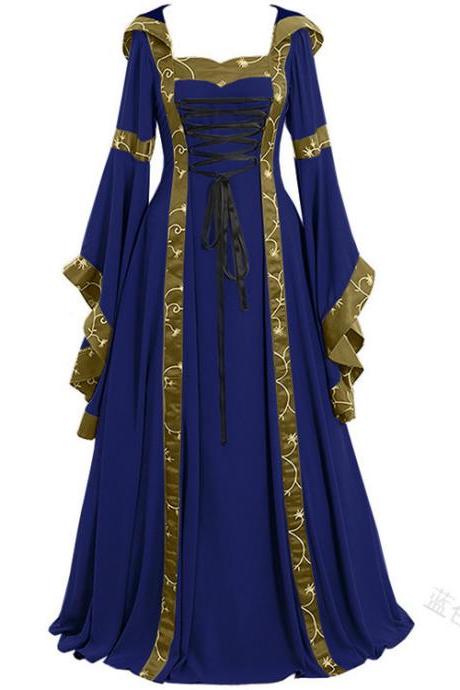 Women Maxi Dress Hooded Flare Sleeve Medieval Renaissance Gown Vintage Halloween Costume blue