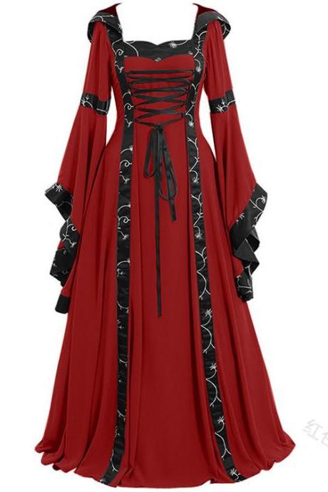  Women Maxi Dress Hooded Flare Sleeve Medieval Renaissance Gown Vintage Halloween Costume red