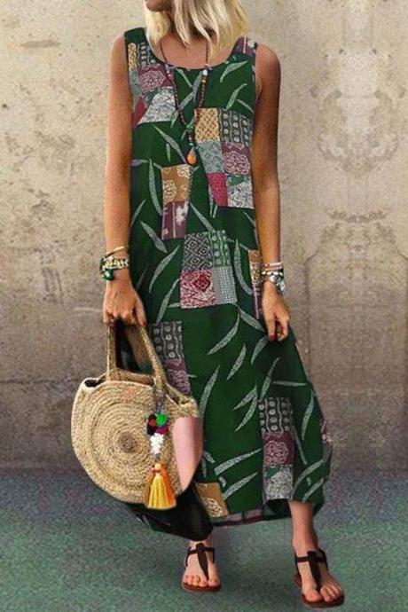  Women Maxi Dress Sleeveless Floral Printed Summer Causal Boho Beach Long Sundress green