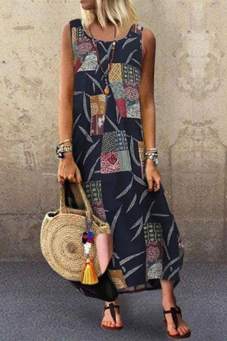  Women Maxi Dress Sleeveless Floral Printed Summer Causal Boho Beach Long Sundress navy blue