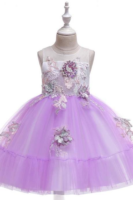 Applique Flower Girl Dress Princess Tutu Evening Birthday Party Formal Gown Children Kids Clothes lilac