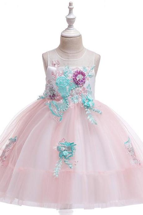  Applique Flower Girl Dress Princess Tutu Evening Birthday Party Formal Gown Children Kids Clothes salmon