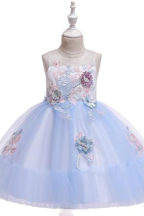  Applique Flower Girl Dress Princess Tutu Evening Birthday Party Formal Gown Children Kids Clothes sky blue