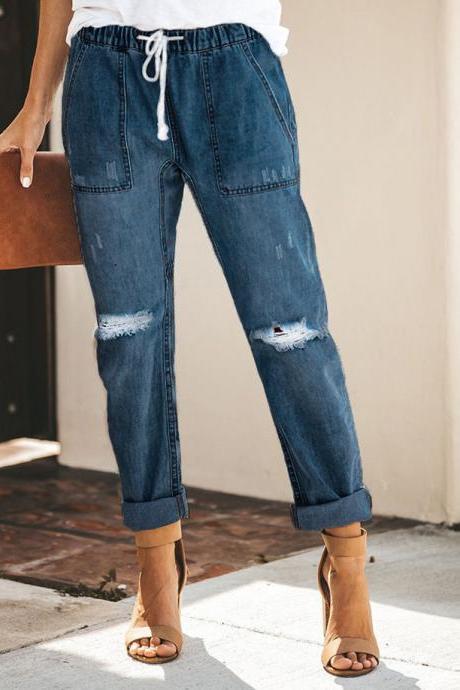 Women Jeans Drawstring High Waist Ripped Boyfriend Casual Loose Denim Pants dark blue