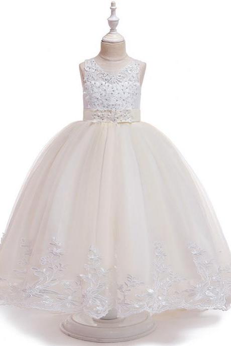  Long Flower Girls Dress Trailing Lace Tutu Wedding Birthday Formal Party Gown Kids Children Clothes champagne